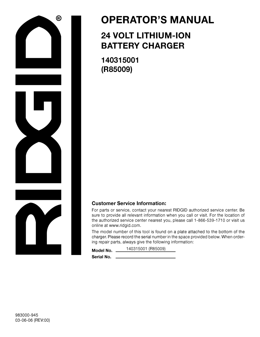 RIDGID R85009 manual Customer Service Information 