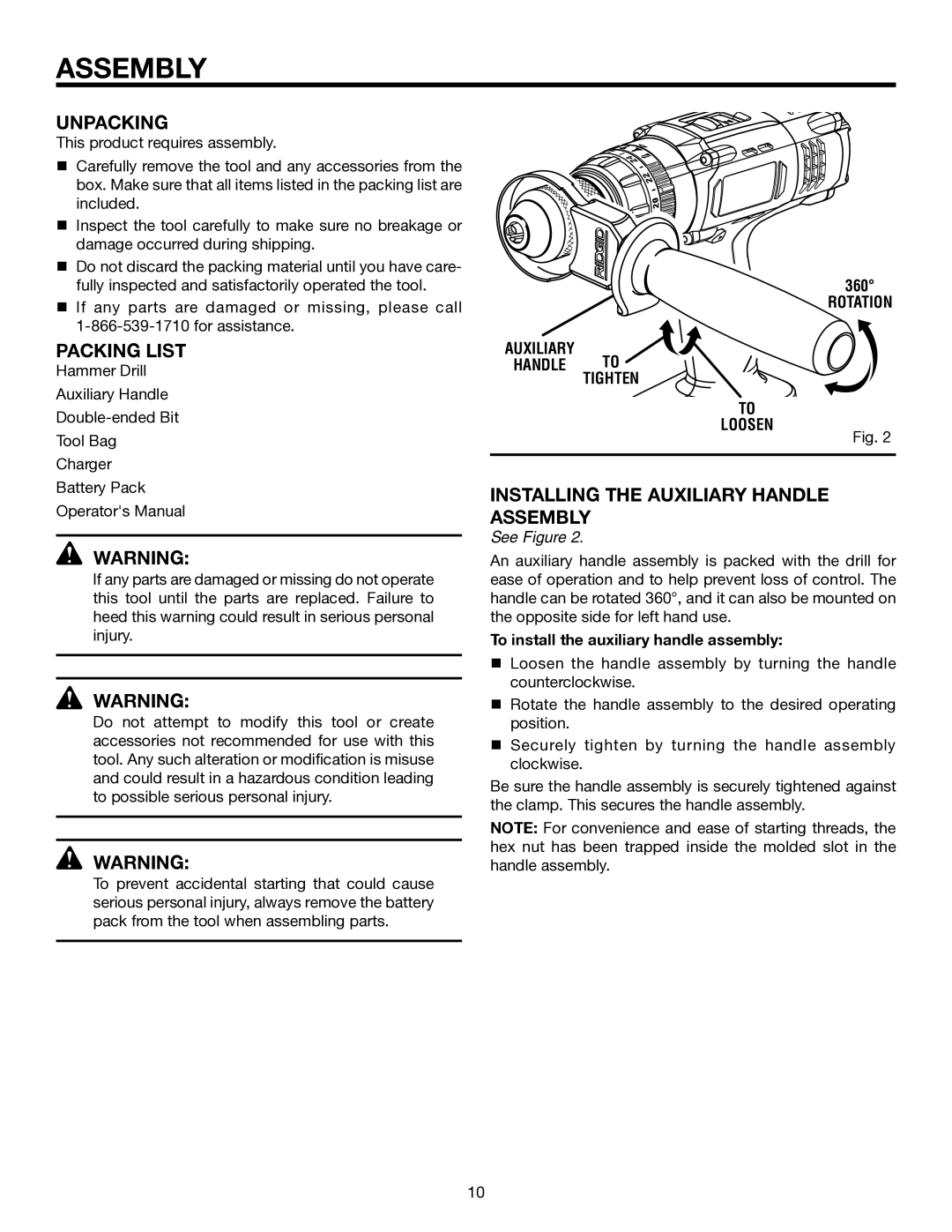 RIDGID R851150 manual Unpacking, Packing List, Installing the Auxiliary Handle Assembly 