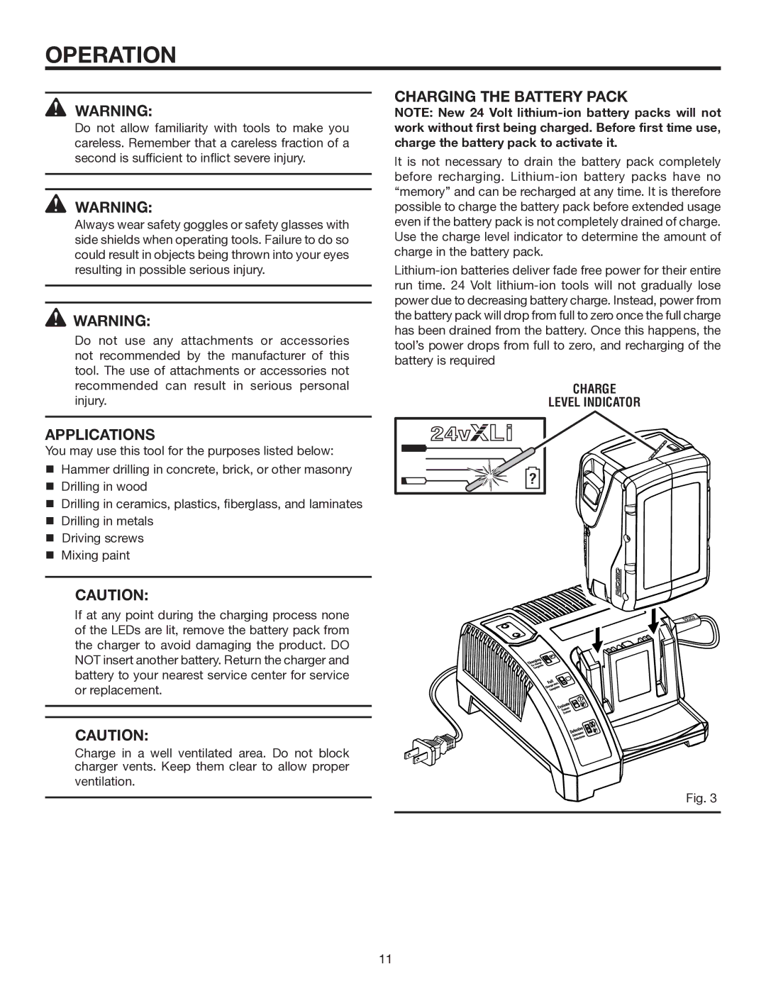 RIDGID R851150 manual Operation, Applications, Charging the Battery Pack 