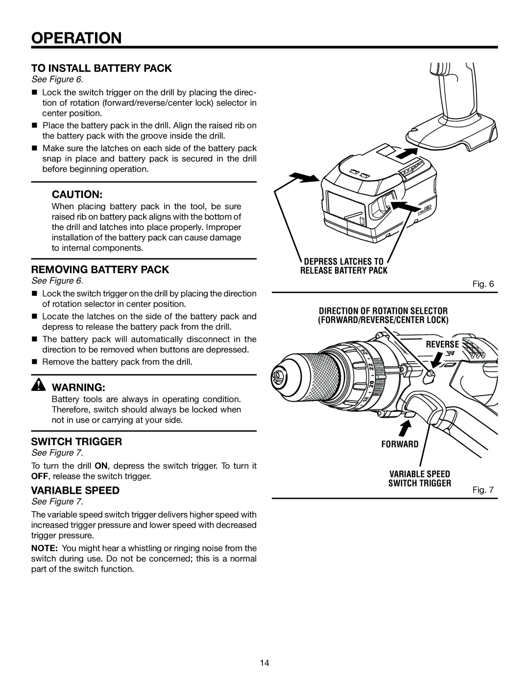 RIDGID R851150 manual To Install Battery Pack, Removing Battery Pack, Switch Trigger 