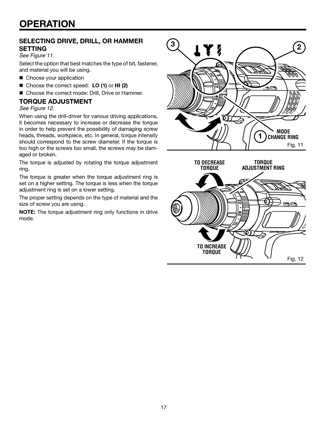 RIDGID R851150 manual Selecting DRIVE, DRILL, or Hammer Setting, Torque Adjustment 