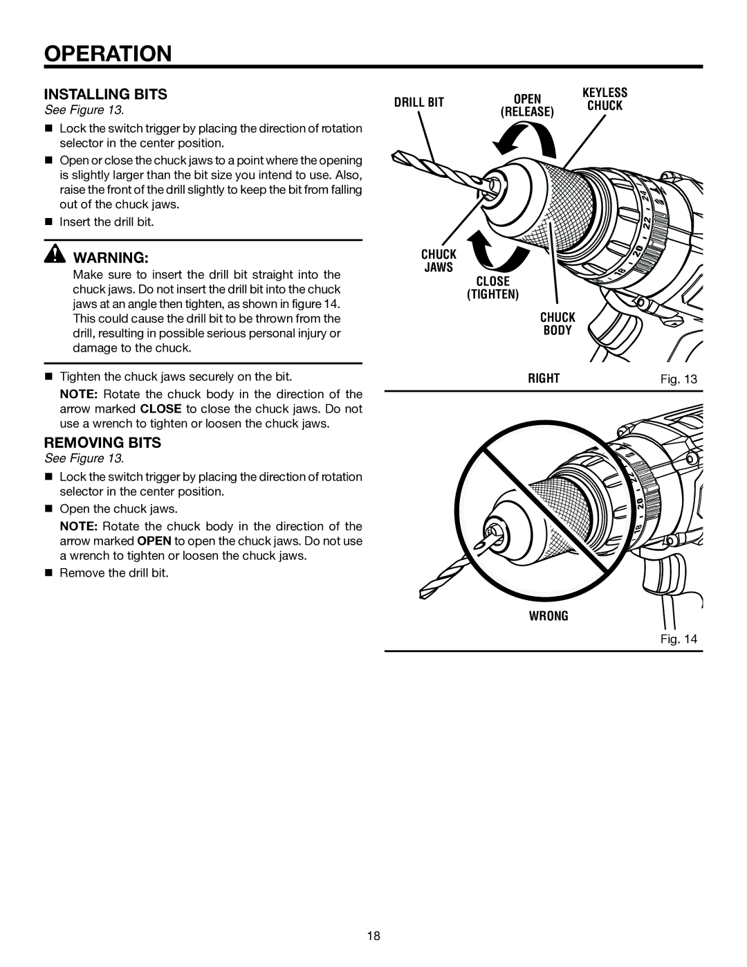 RIDGID R851150 manual Installing Bits, Removing Bits 