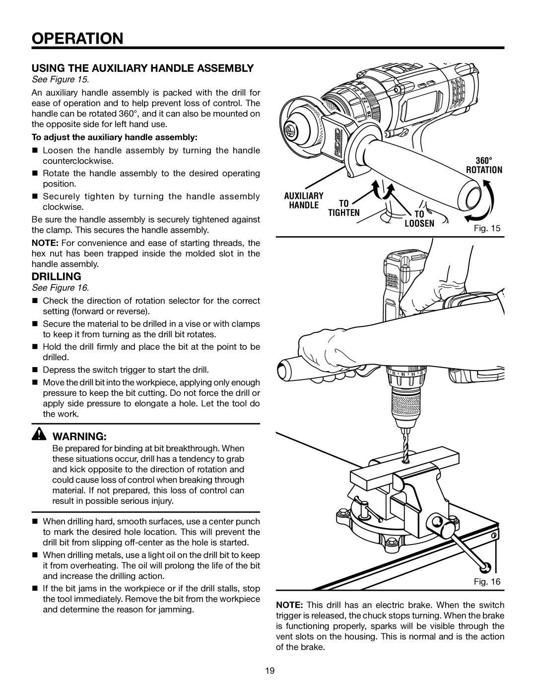 RIDGID R851150 manual Using the Auxiliary Handle Assembly, Drilling 