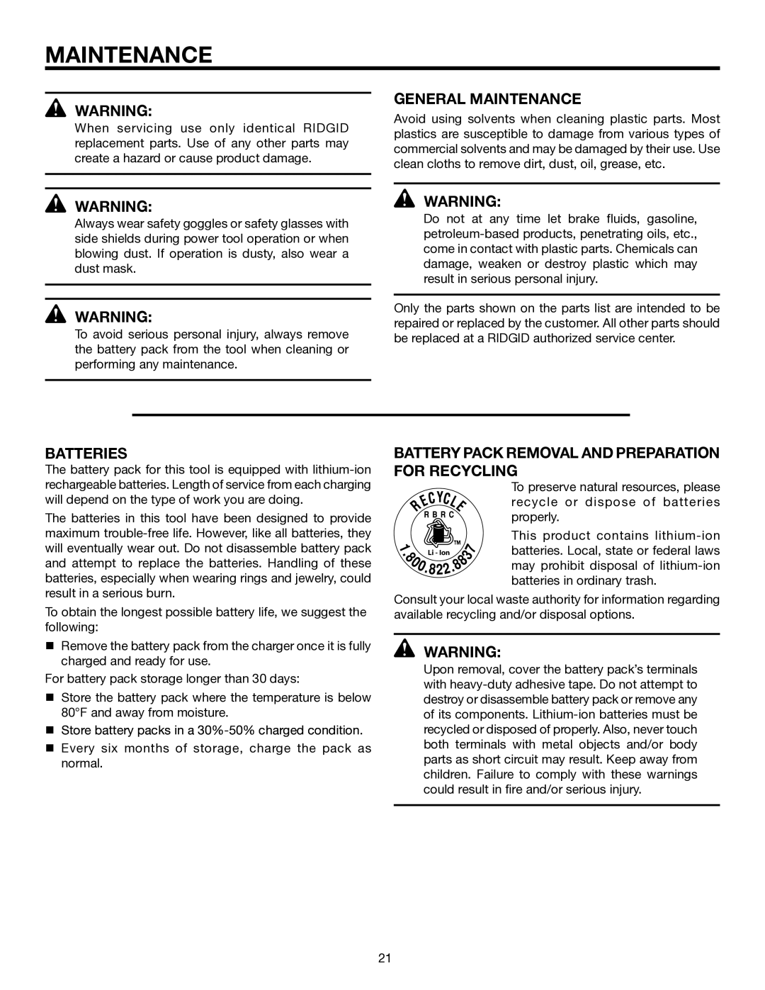 RIDGID R851150 manual General Maintenance, Batteries, Battery Pack Removal and Preparation for Recycling 