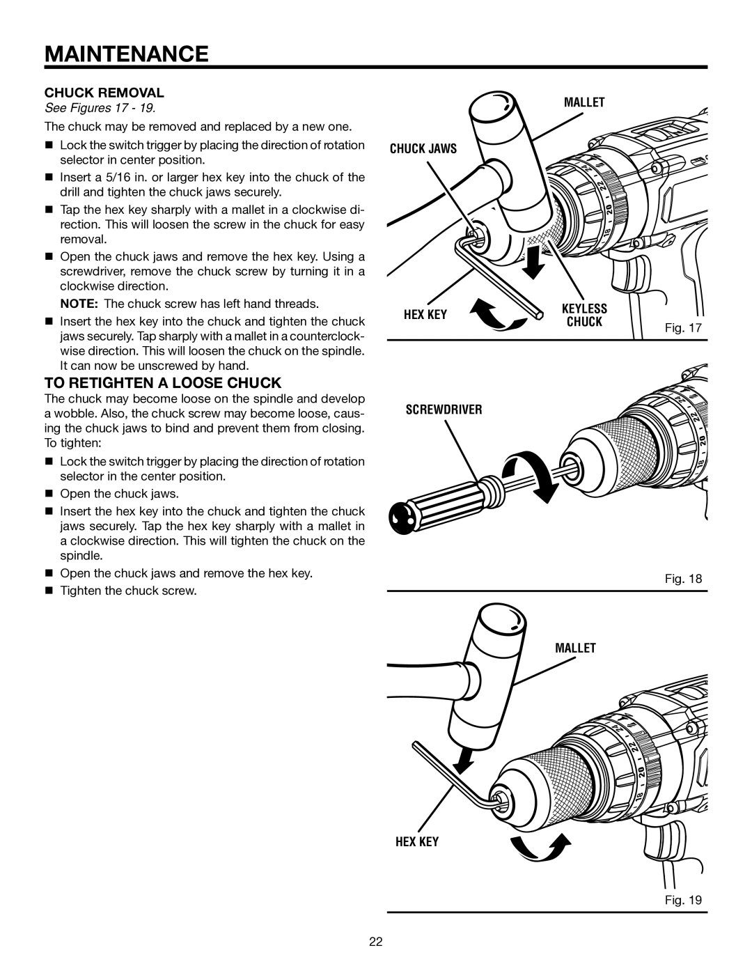 RIDGID R851150 manual To Retighten a Loose Chuck, Chuck Removal 