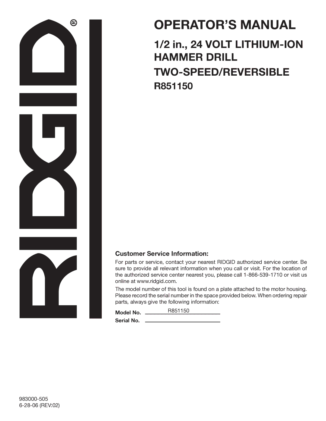 RIDGID R851150 manual Customer Service Information 