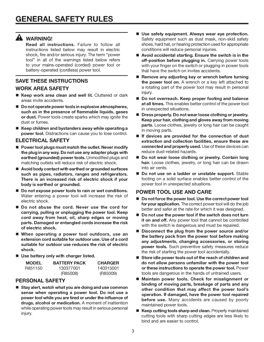 RIDGID R851150 manual General Safety Rules, Work Area Safety, Electrical Safety, Personal Safety, Power Tool USE and Care 