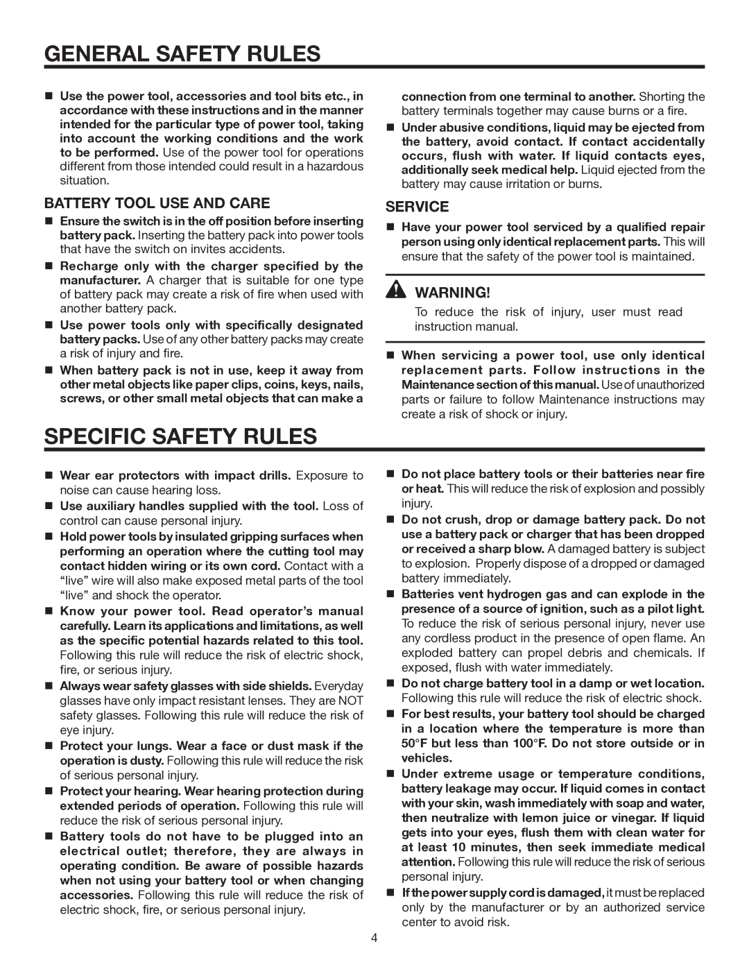 RIDGID R851150 manual Specific Safety Rules, Battery Tool USE and Care, Service 