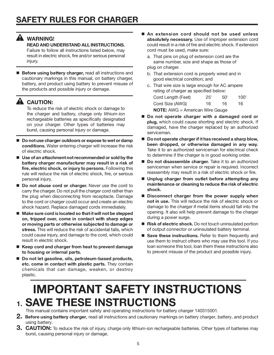 RIDGID R851150 manual Important Safety Instructions, Safety Rules for Charger 