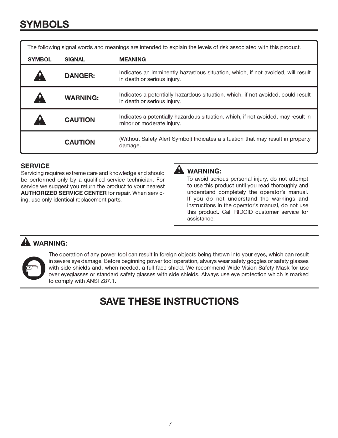 RIDGID R851150 manual Symbol Signal Meaning 