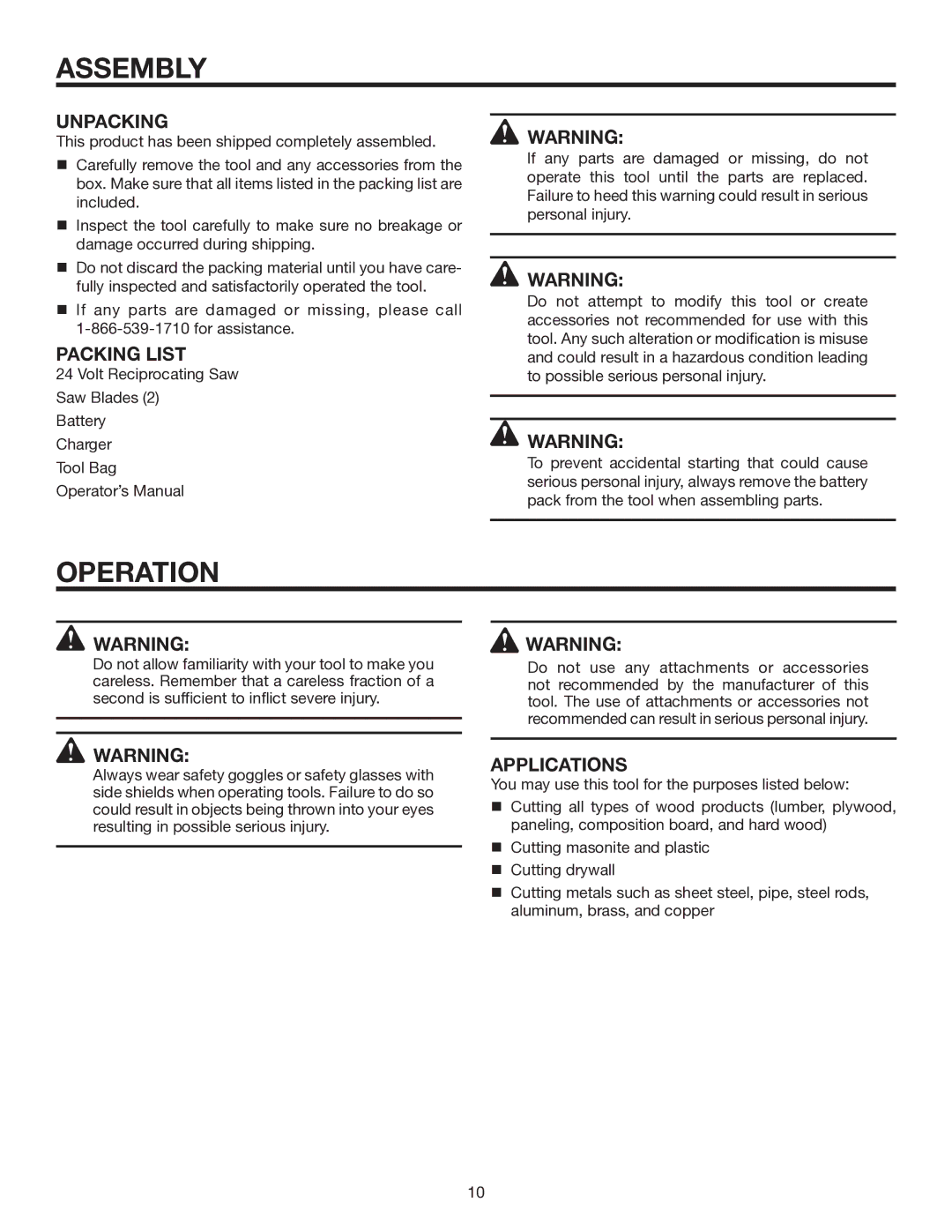 RIDGID R854 manual Assembly, Operation, Unpacking, Packing List, Applications 