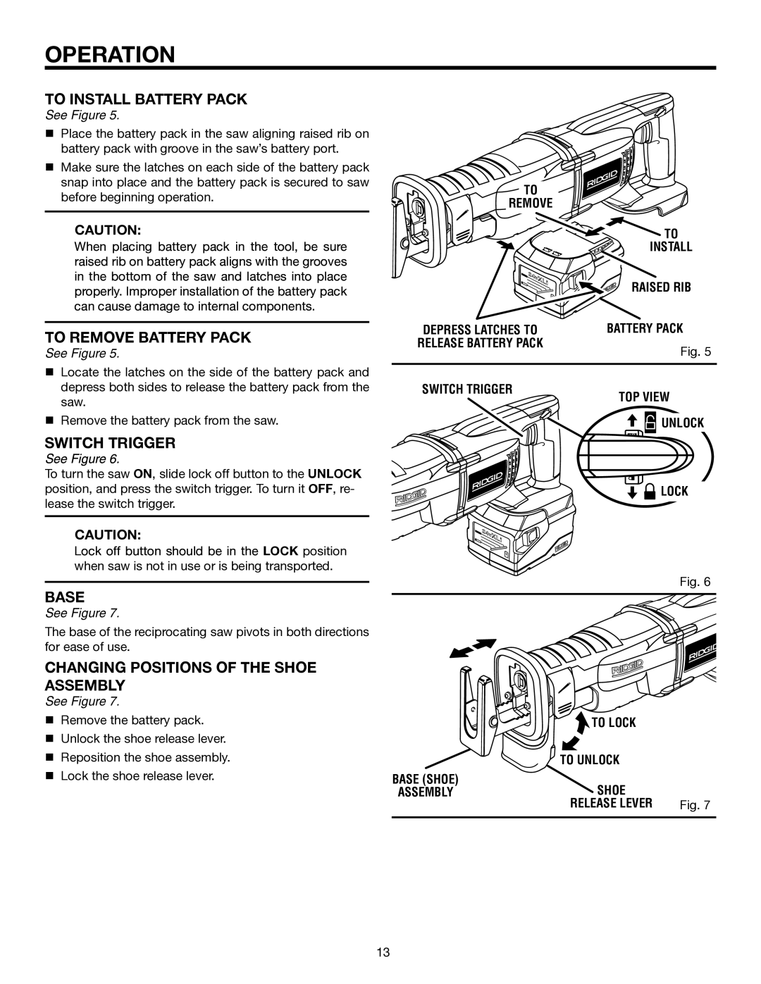 RIDGID R854 To Install Battery Pack, To Remove Battery Pack, Switch Trigger, Base, Changing Positions of the Shoe Assembly 