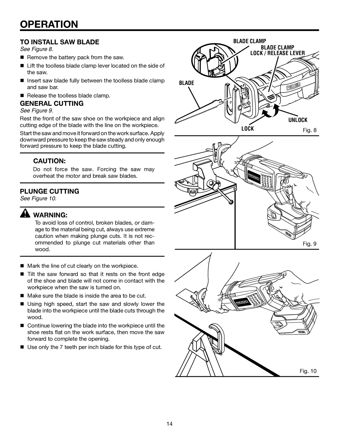 RIDGID R854 manual To Install SAW Blade, General Cutting, Plunge Cutting 