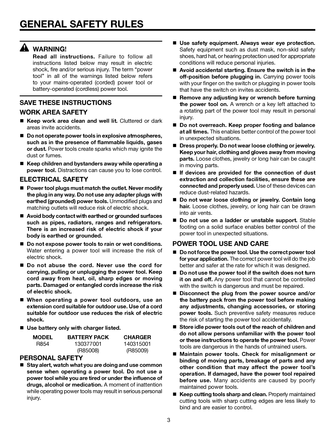 RIDGID R854 manual General Safety Rules, Work Area Safety, Electrical Safety, Personal Safety, Power Tool USE and Care 