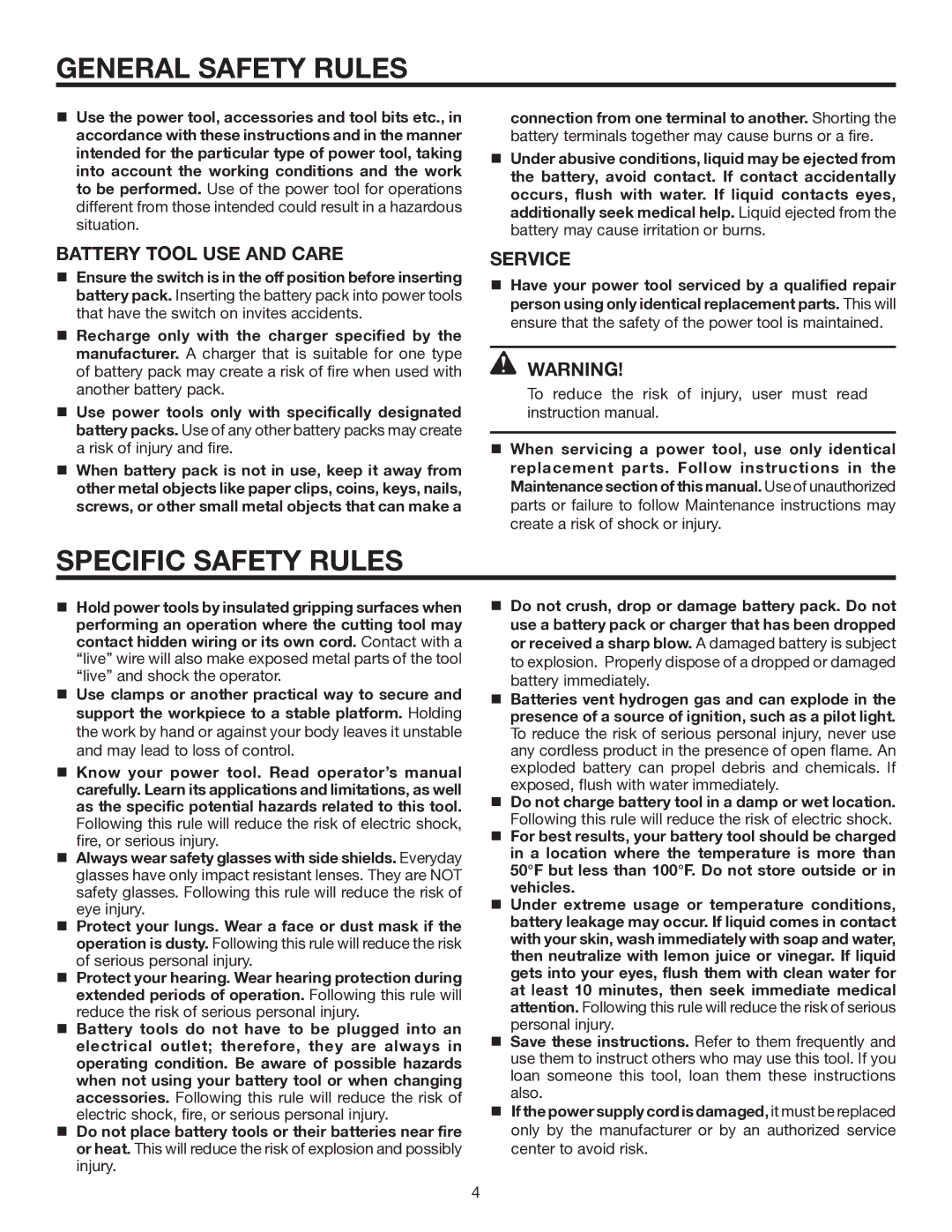 RIDGID R854 manual Specific Safety Rules, Battery Tool USE and Care, Service 