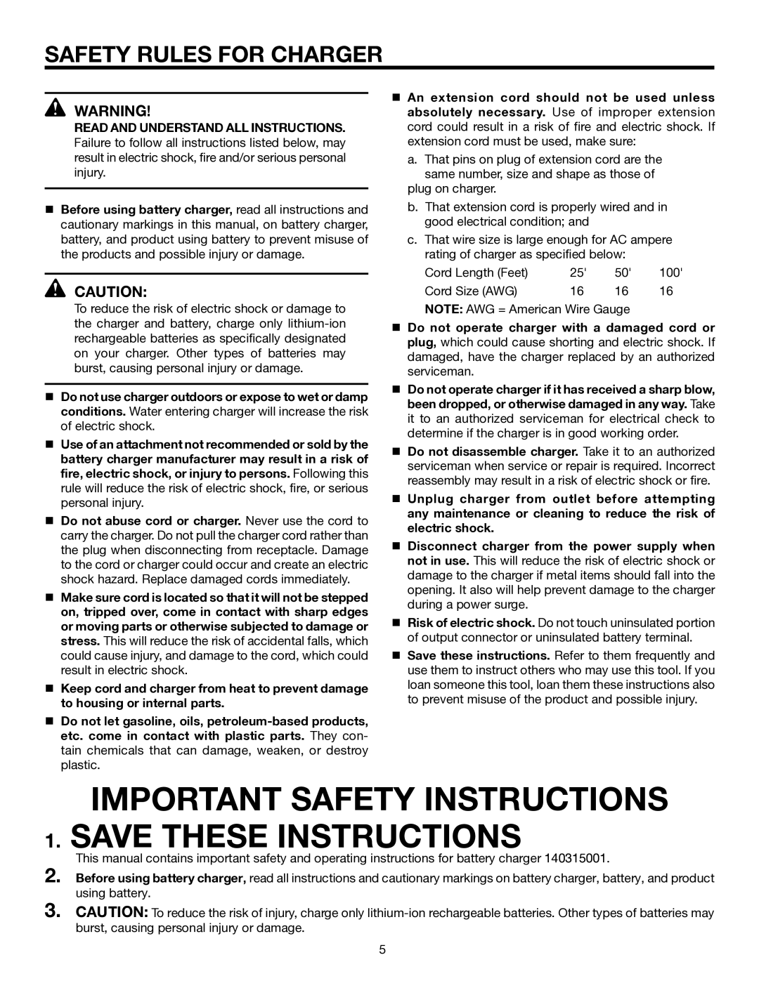 RIDGID R854 manual Important Safety Instructions, Safety Rules for Charger 