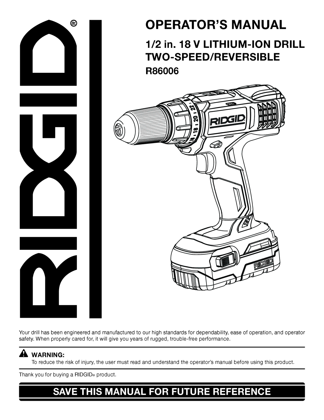 RIDGID R86006 manual OPERATOR’S Manual 