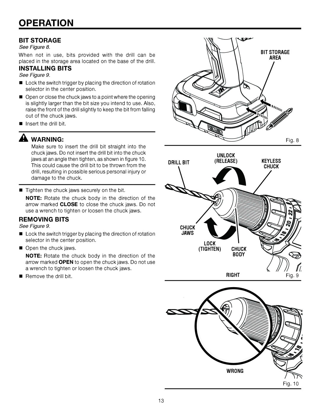 RIDGID R86006 manual Installing Bits, Removing Bits 