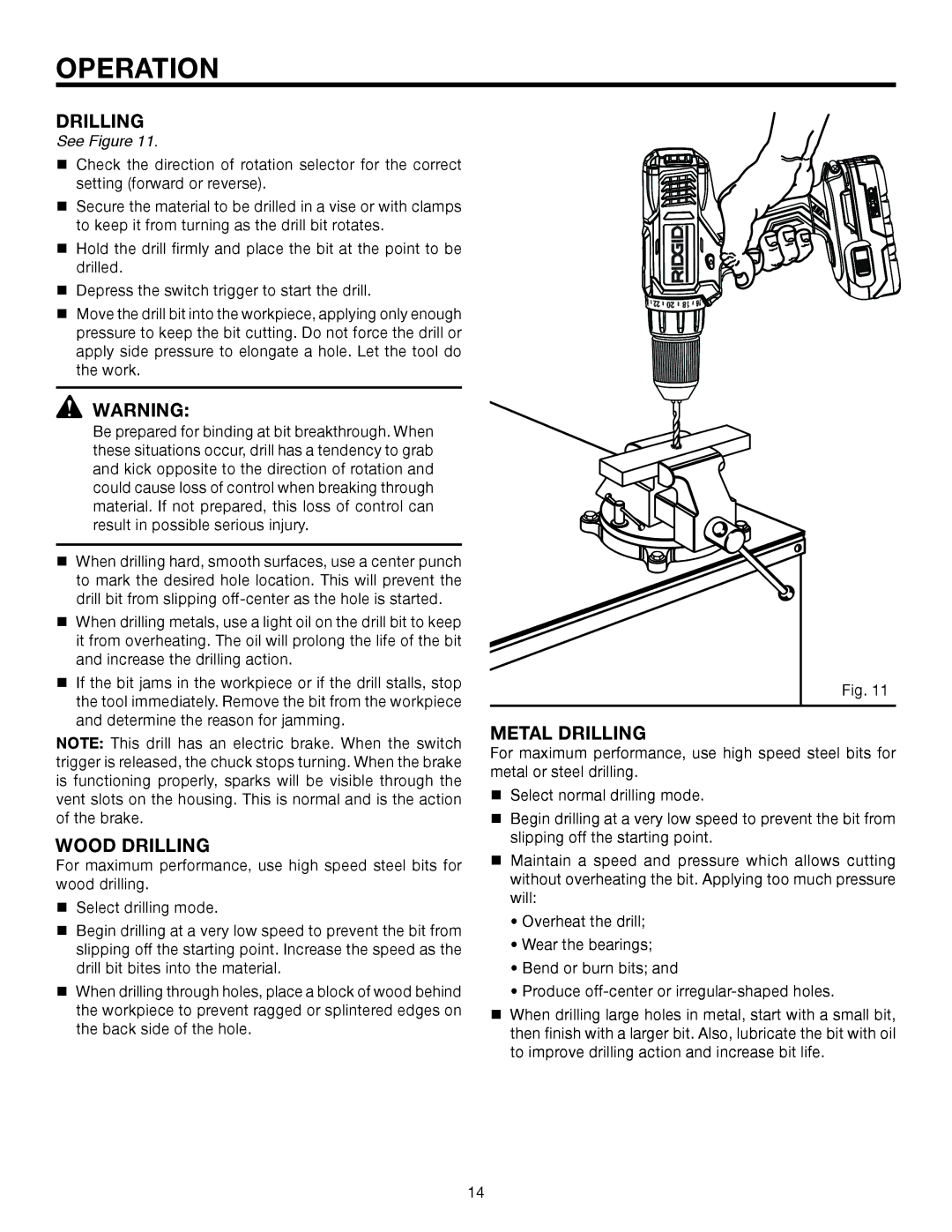 RIDGID R86006 manual Drilling, Wood DRILLING, Metal DRILLING 