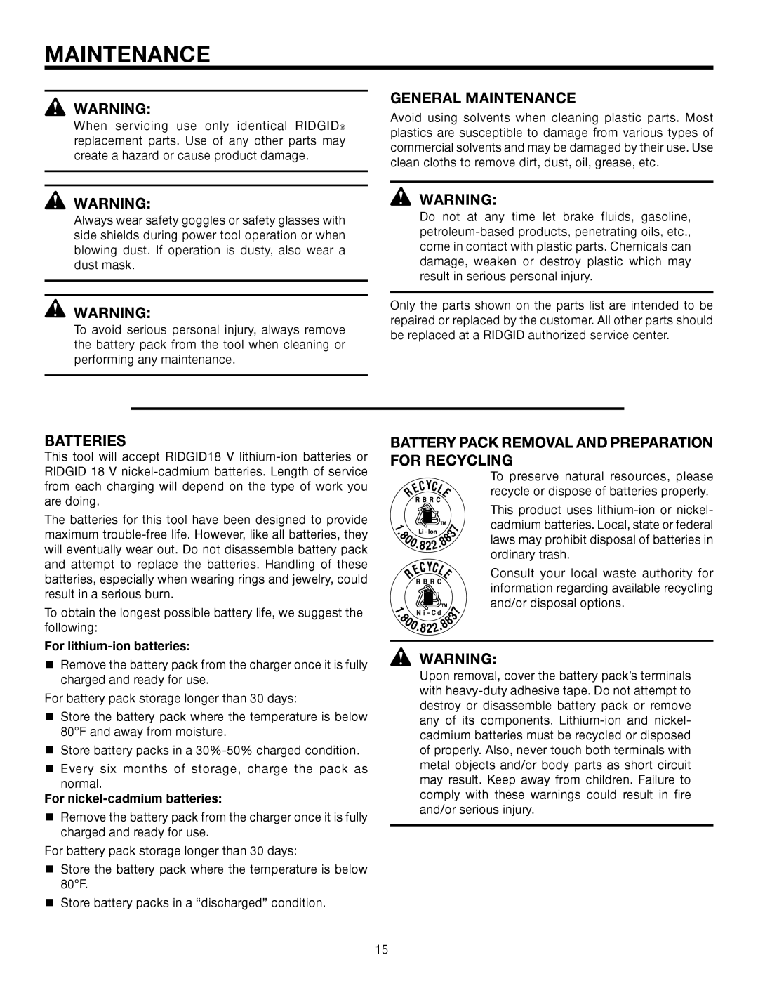 RIDGID R86006 manual General Maintenance, Batteries, Battery Pack Removal and Preparation for Recycling 