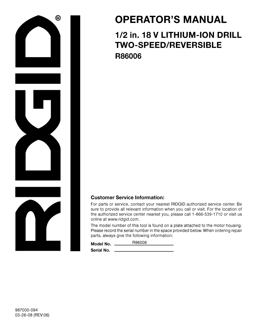 RIDGID R86006 manual Customer Service Information 