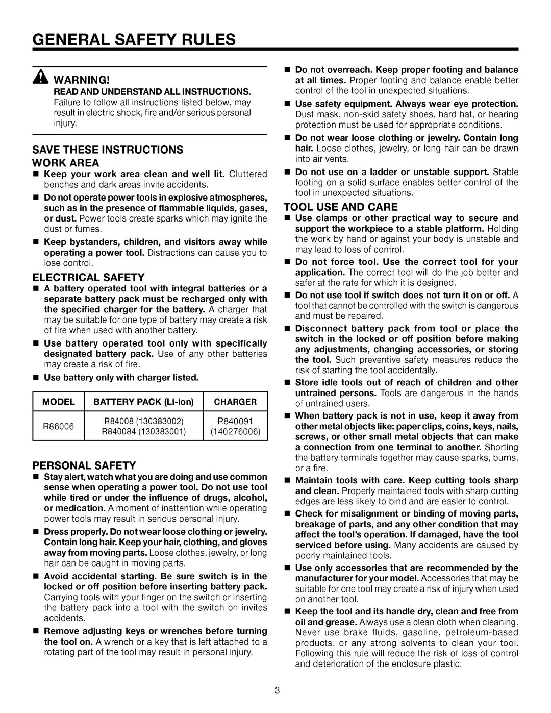 RIDGID R86006 manual General Safety Rules, Work Area, Electrical Safety, Personal Safety, Tool USE and Care 