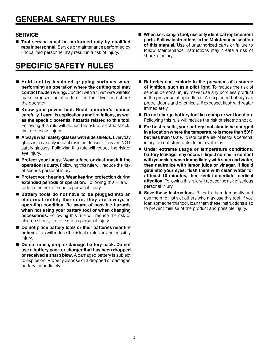 RIDGID R86006 manual Specific Safety Rules, Service 