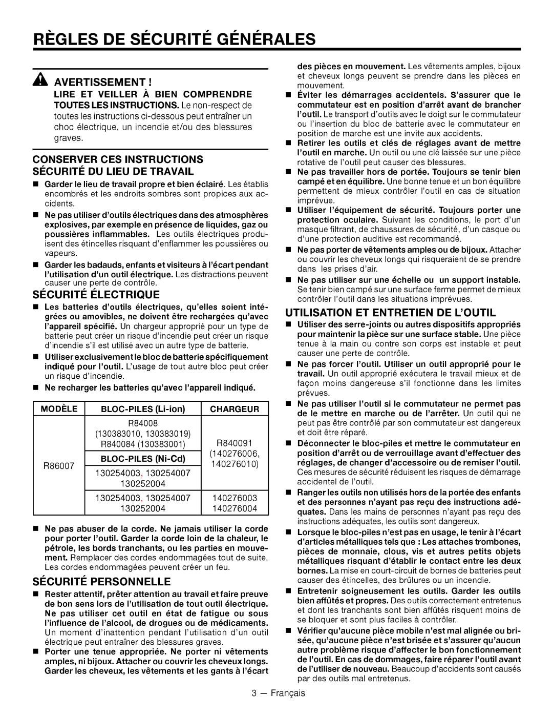 RIDGID R86007 Règles DE Sécurité Générales, Sécurité électrique, Sécurité personnelle, Utilisation et entretien de l’outil 