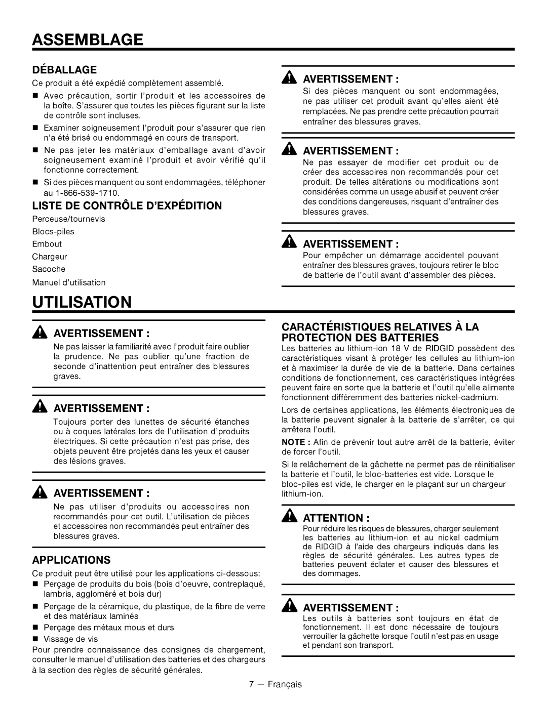 RIDGID R86007 manuel dutilisation Assemblage, Utilisation 