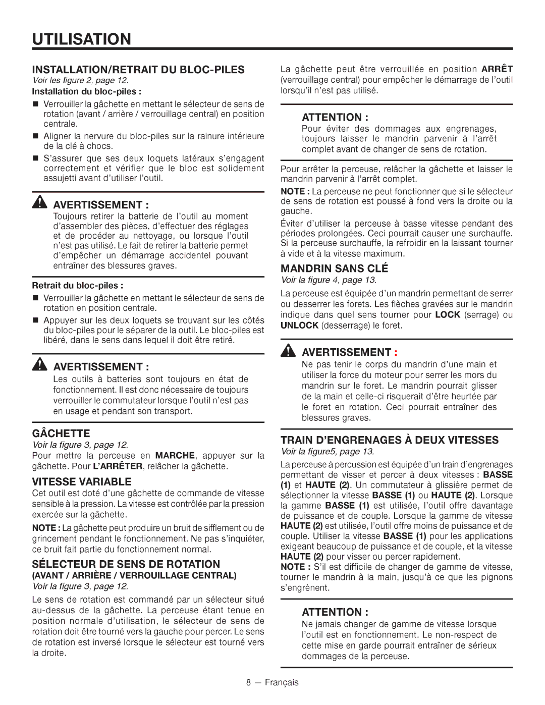 RIDGID R86007 INSTALLATION/RETRAIT DU Bloc-piles, Gâchette, Train D’ENGRENAGES à deux vitesses, Voir les, Voir la 