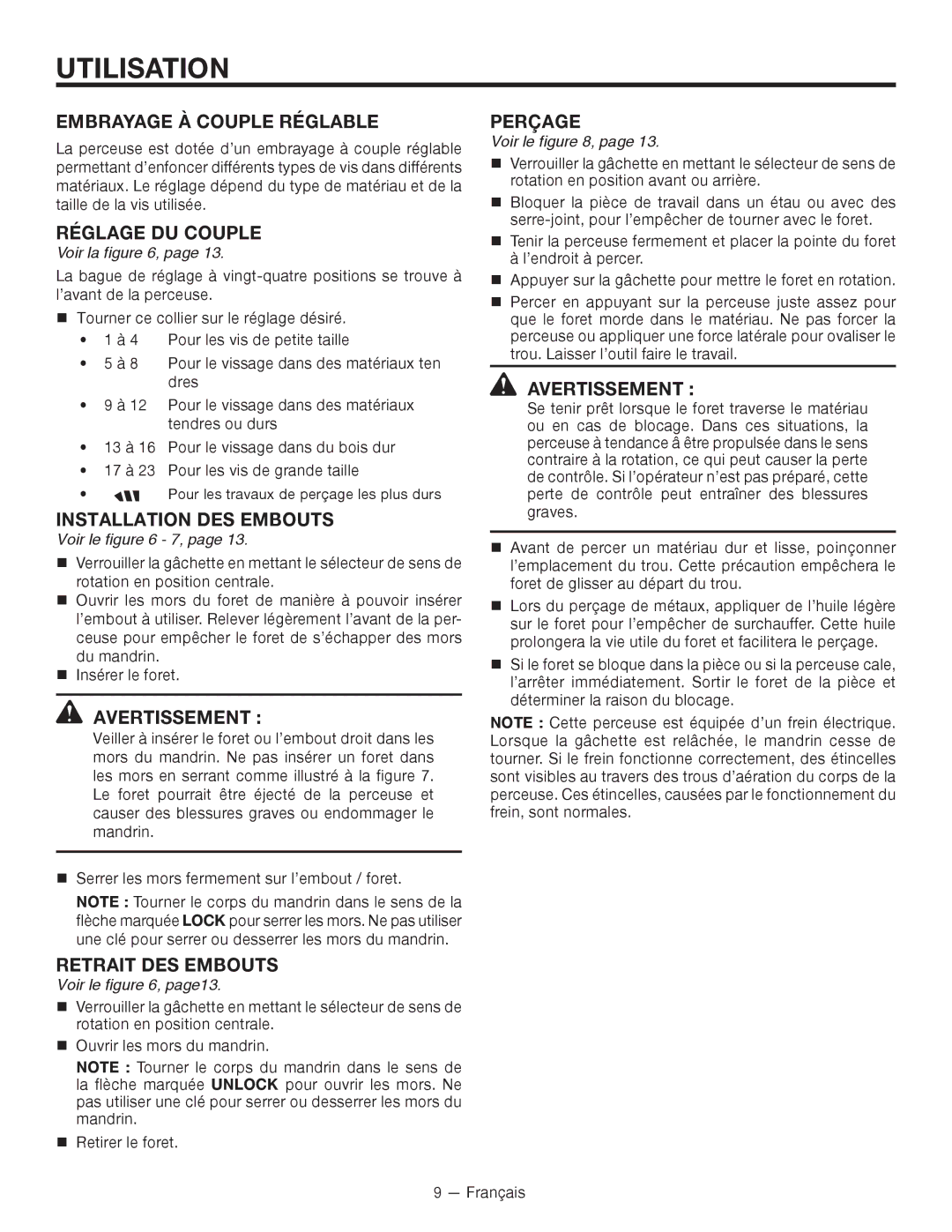 RIDGID R86007 Embrayage À Couple Réglable, Réglage DU Couple, Installation DES Embouts, Retrait DES Embouts, Perçage 