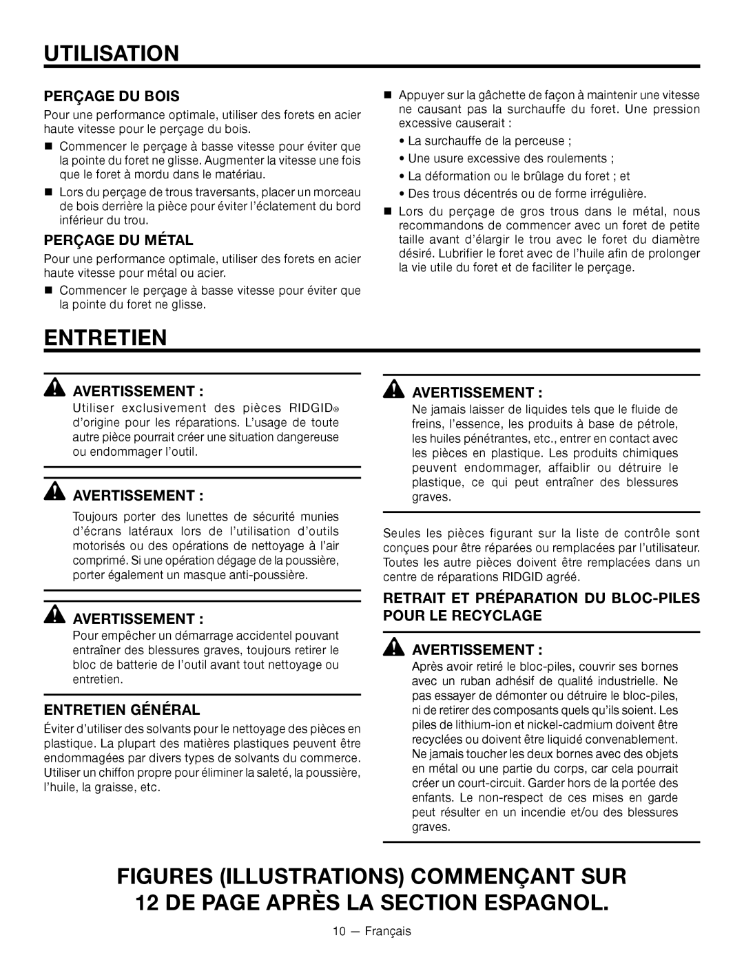 RIDGID R86007 manuel dutilisation Perçage DU Bois, Perçage DU Métal, Entretien Général, Pour LE Recyclage Avertissement 