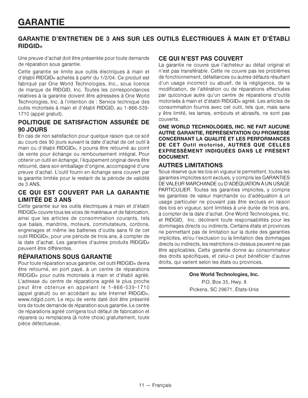 RIDGID R86007 Politique DE Satisfaction Assurée DE 90 Jours, CE QUI EST Couvert PAR LA Garantie Limitée DE 3 ANS 