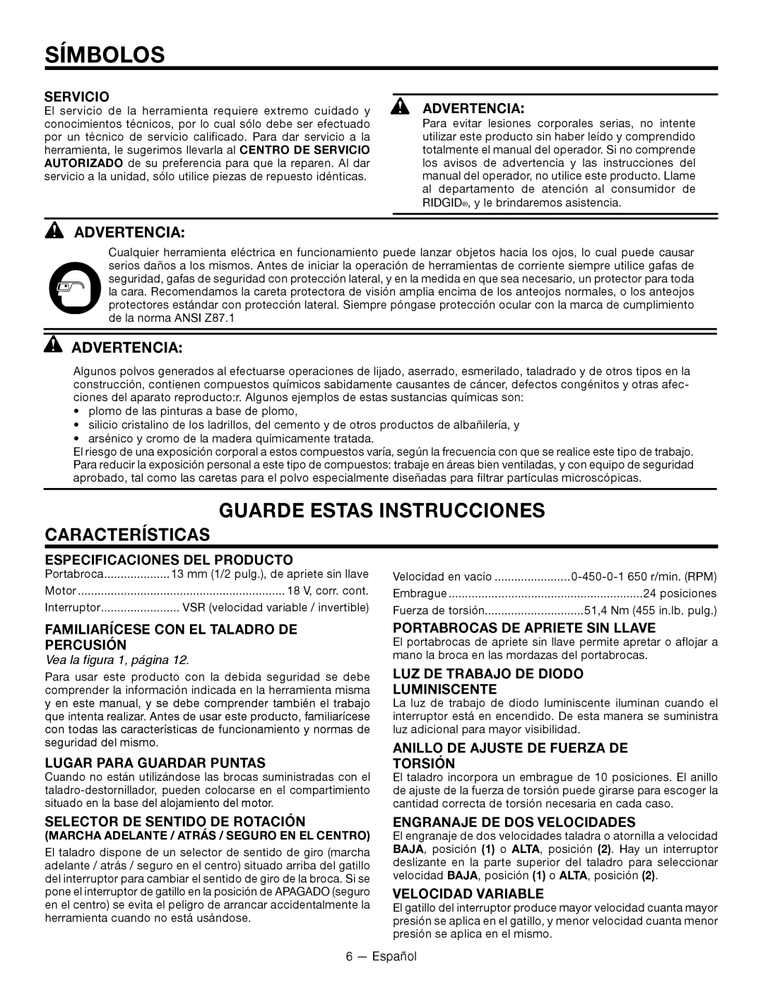 RIDGID R86007 Servicio, Advertencia, Familiarícese CON EL Taladro DE Percusión, Lugar Para Guardar Puntas 