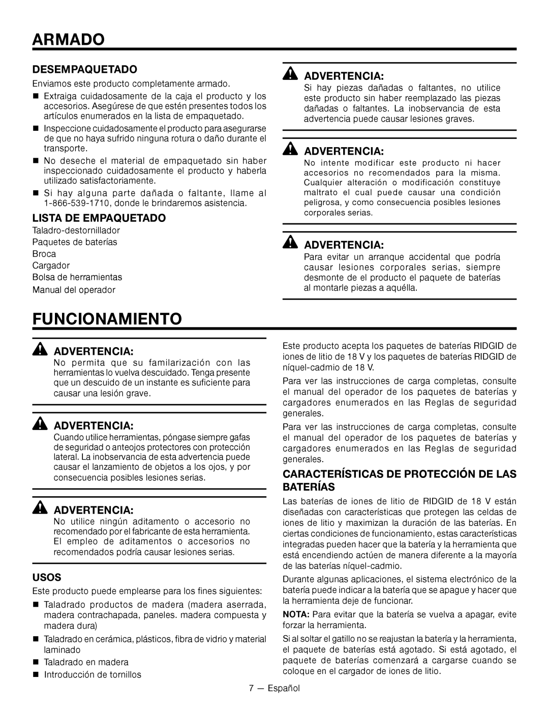 RIDGID R86007 Armado, Funcionamiento, Desempaquetado, Lista DE Empaquetado, Características DE Protección DE LAS Baterías 