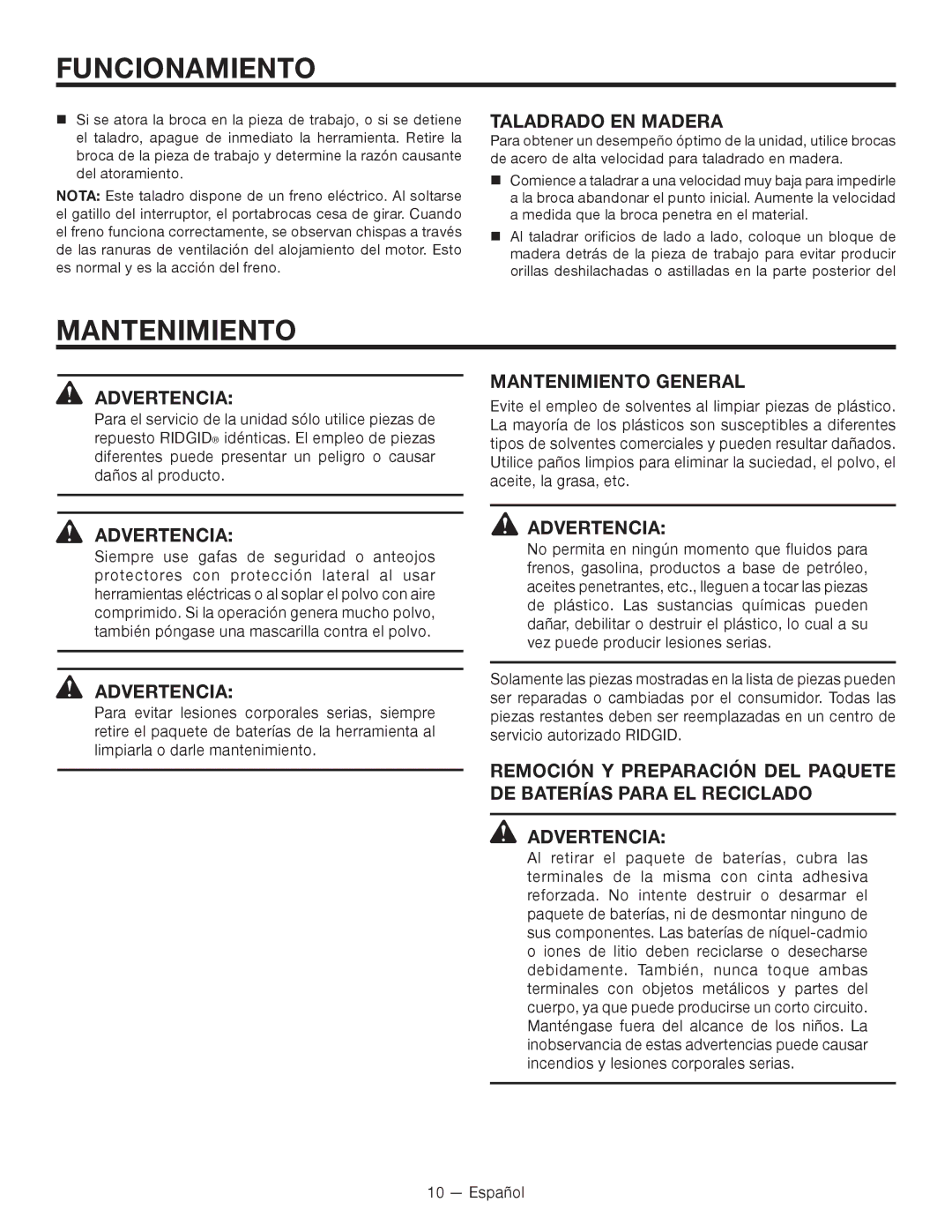 RIDGID R86007 manuel dutilisation Taladrado EN Madera, Mantenimiento General, Remoción Y Preparación DEL Paquete 