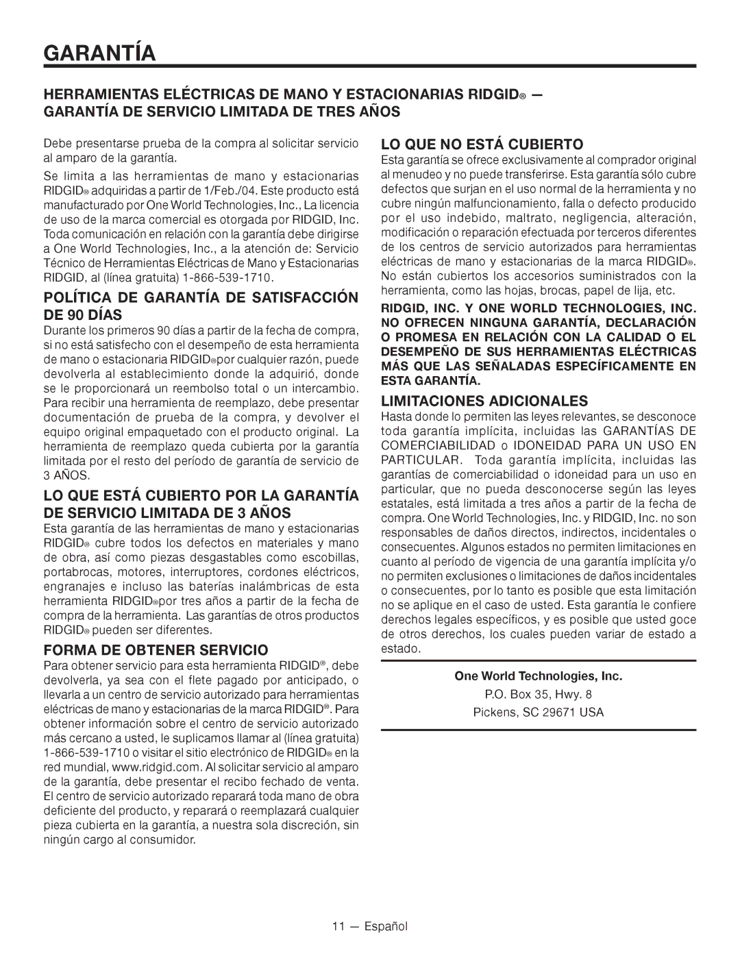 RIDGID R86007 Política DE Garantía DE Satisfacción DE 90 Días, Forma DE Obtener Servicio LO QUE no Está Cubierto 