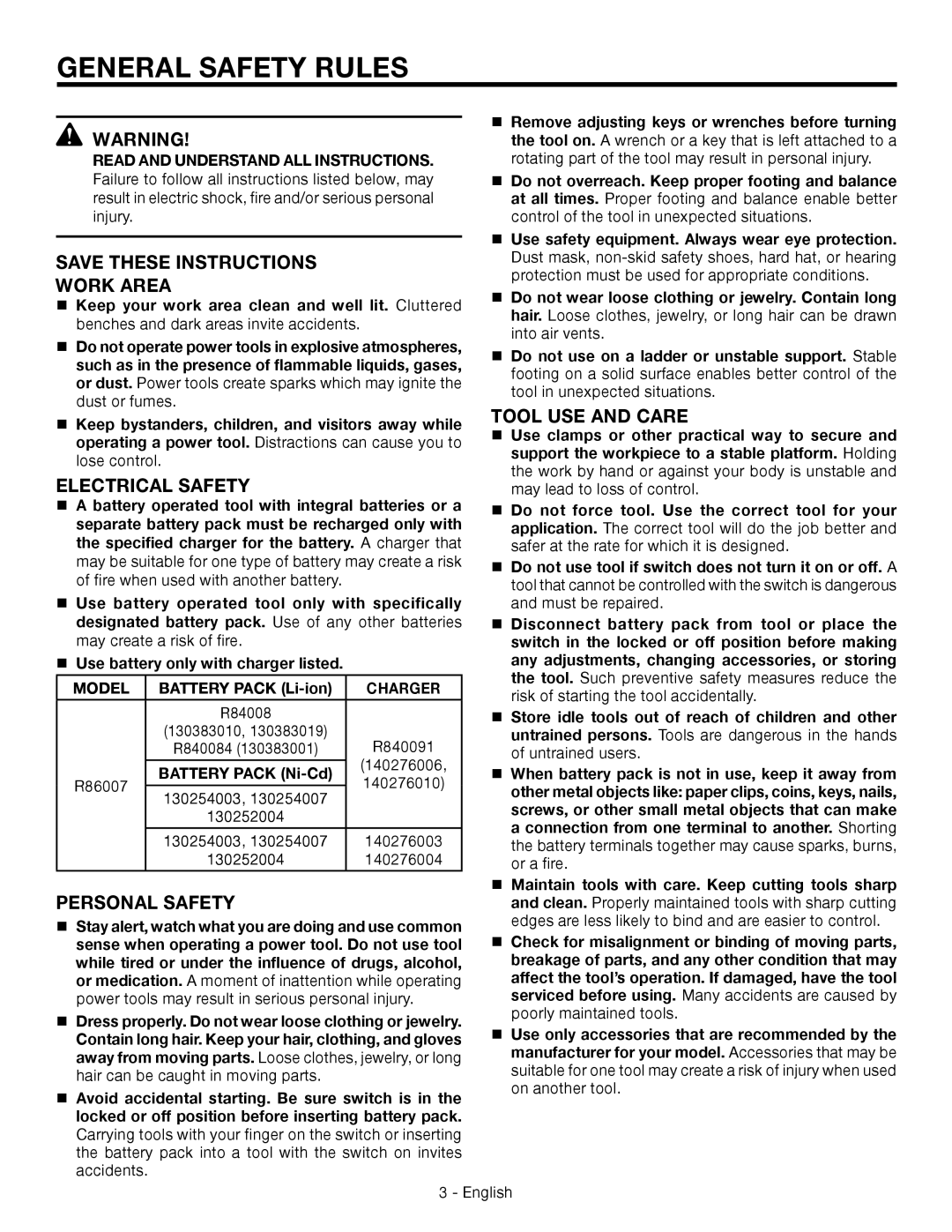 RIDGID R86007 manuel dutilisation General Safety Rules, Work Area, Electrical Safety, Personal Safety, Tool USE and Care 