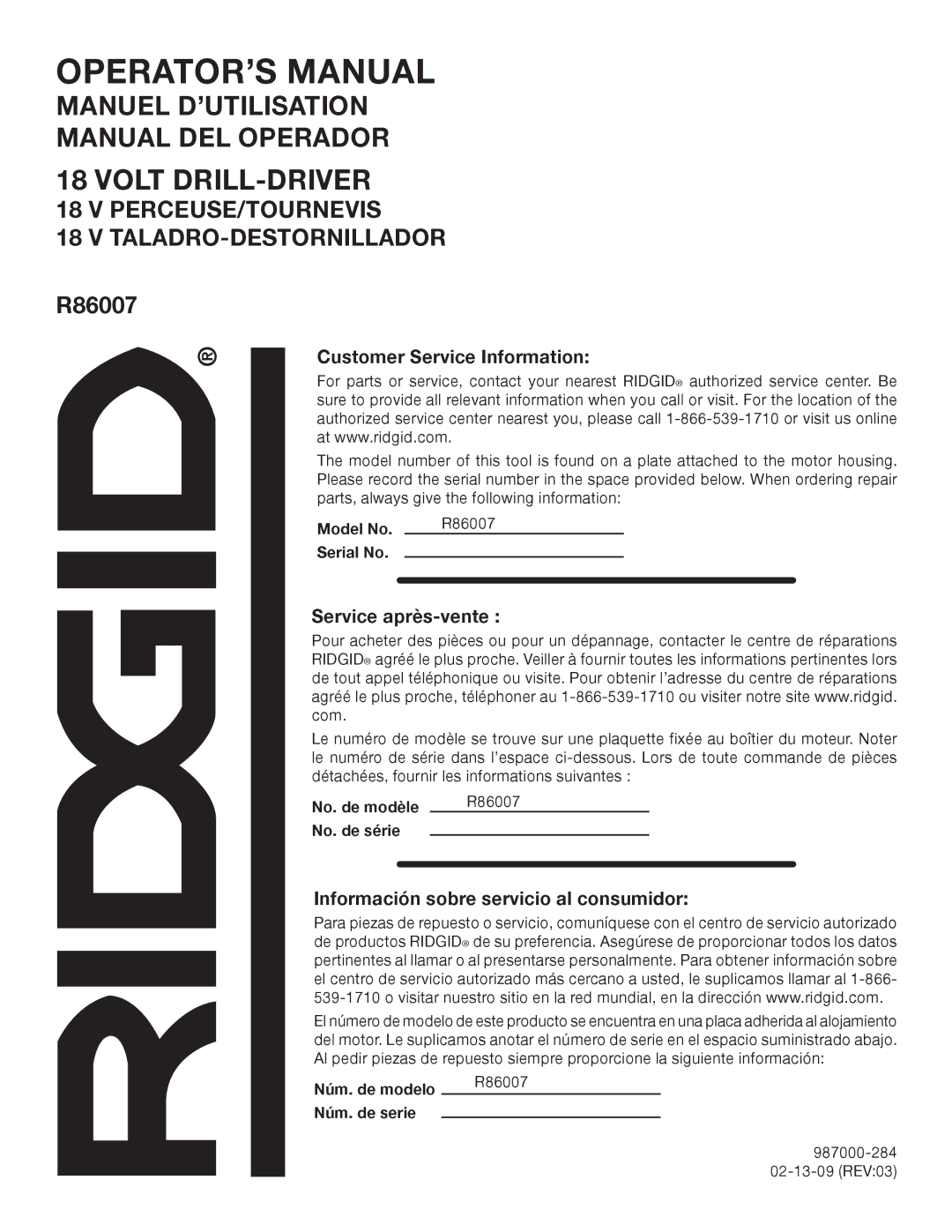 RIDGID R86007 Customer Service Information, Service après-vente , Información sobre servicio al consumidor 