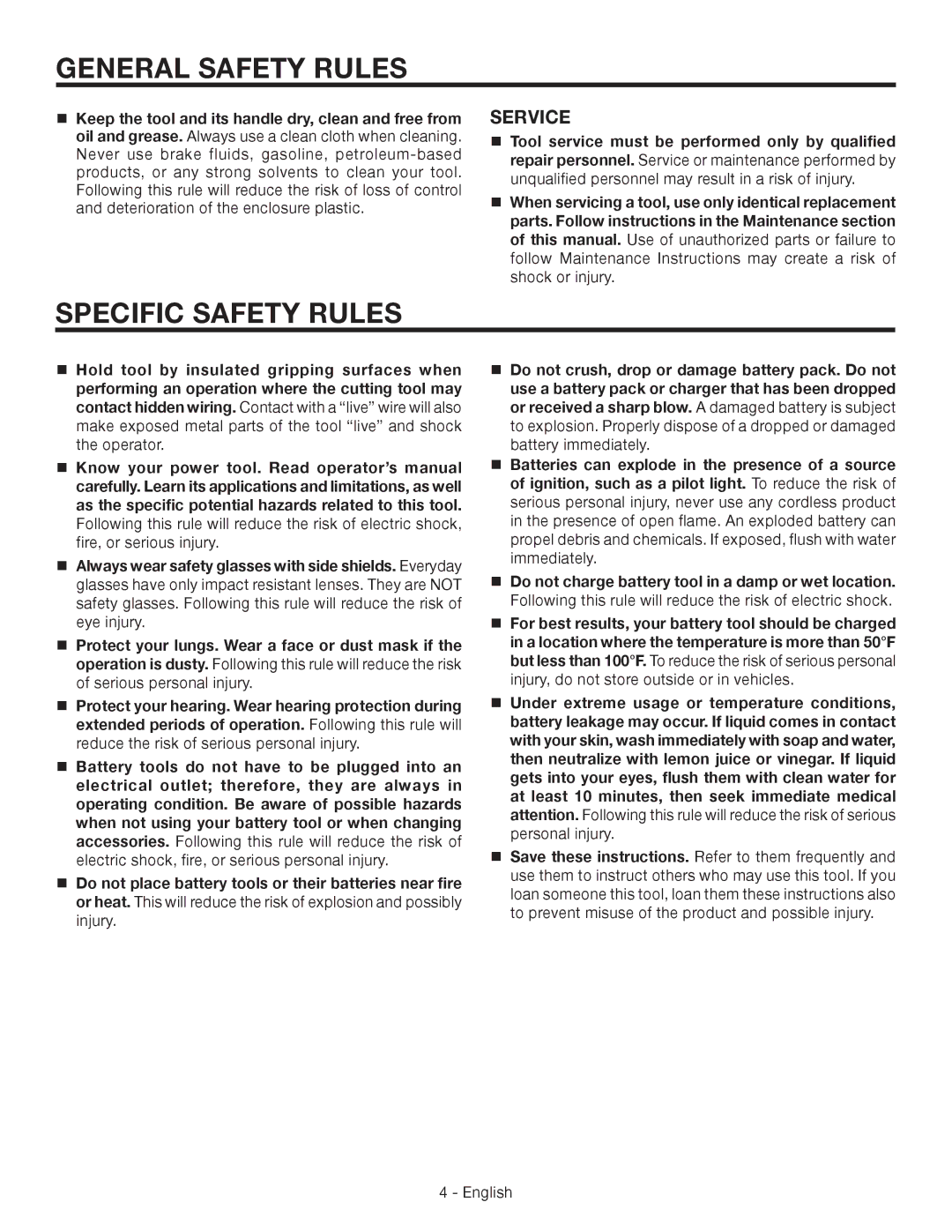 RIDGID R86007 manuel dutilisation Specific Safety Rules, Service 