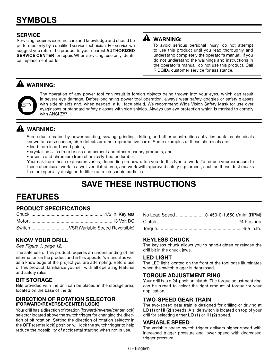 RIDGID R86007 manuel dutilisation Features 