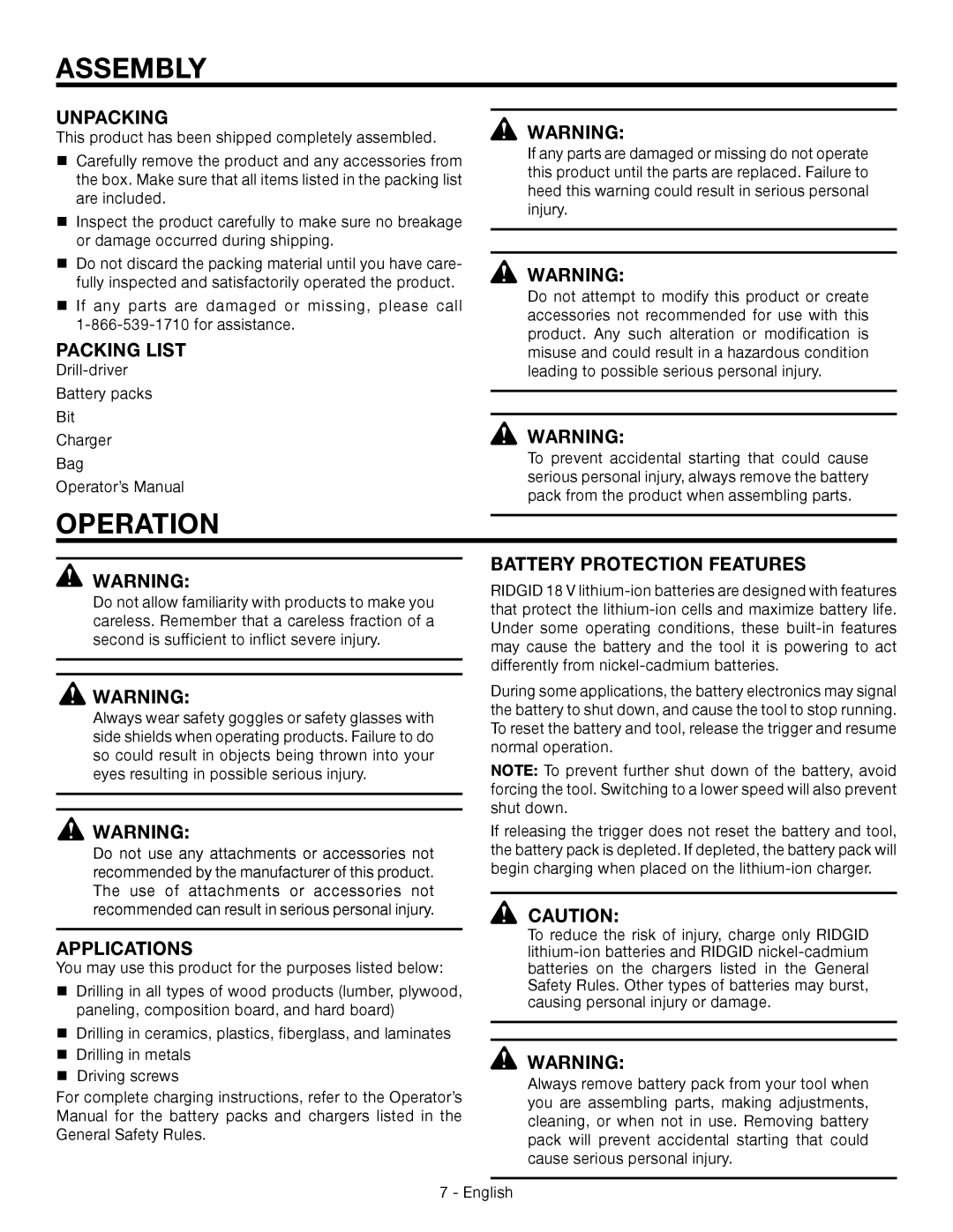 RIDGID R86007 manuel dutilisation Assembly, Operation 