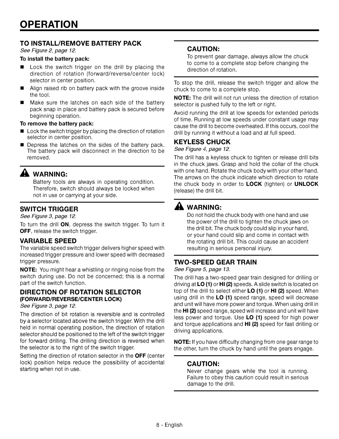 RIDGID R86007 manuel dutilisation To INSTALL/REMOVE Battery Pack, Switch Trigger, Two-SPEED gear train 