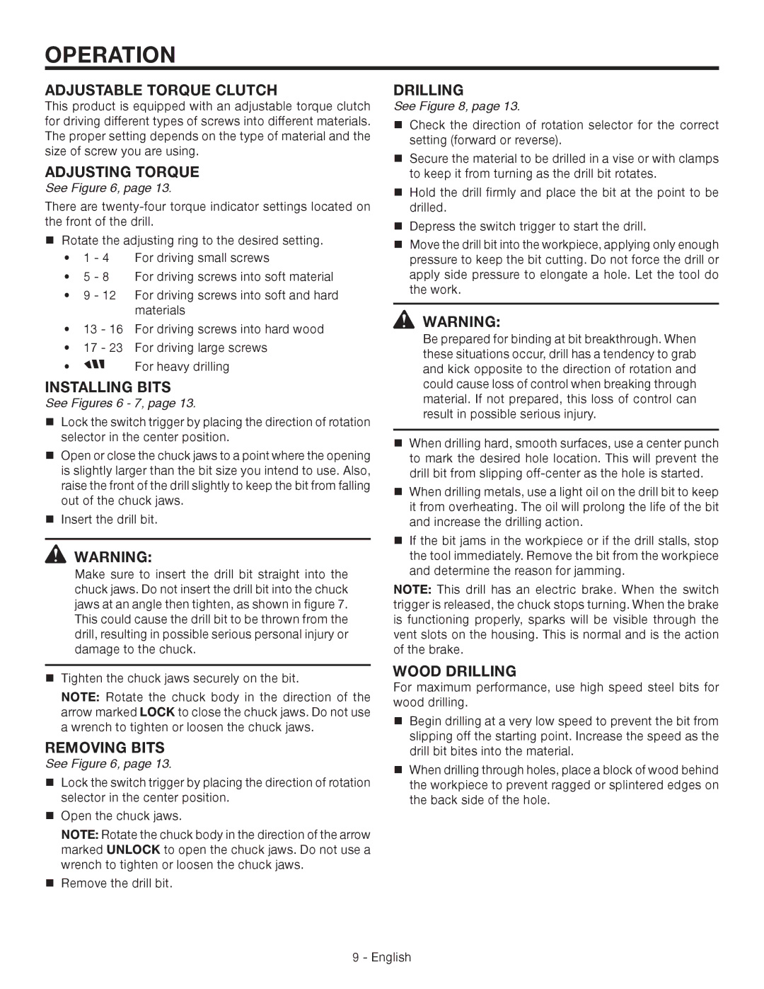 RIDGID R86007 manuel dutilisation Installing Bits, Removing Bits, Drilling, Wood DRILLING 