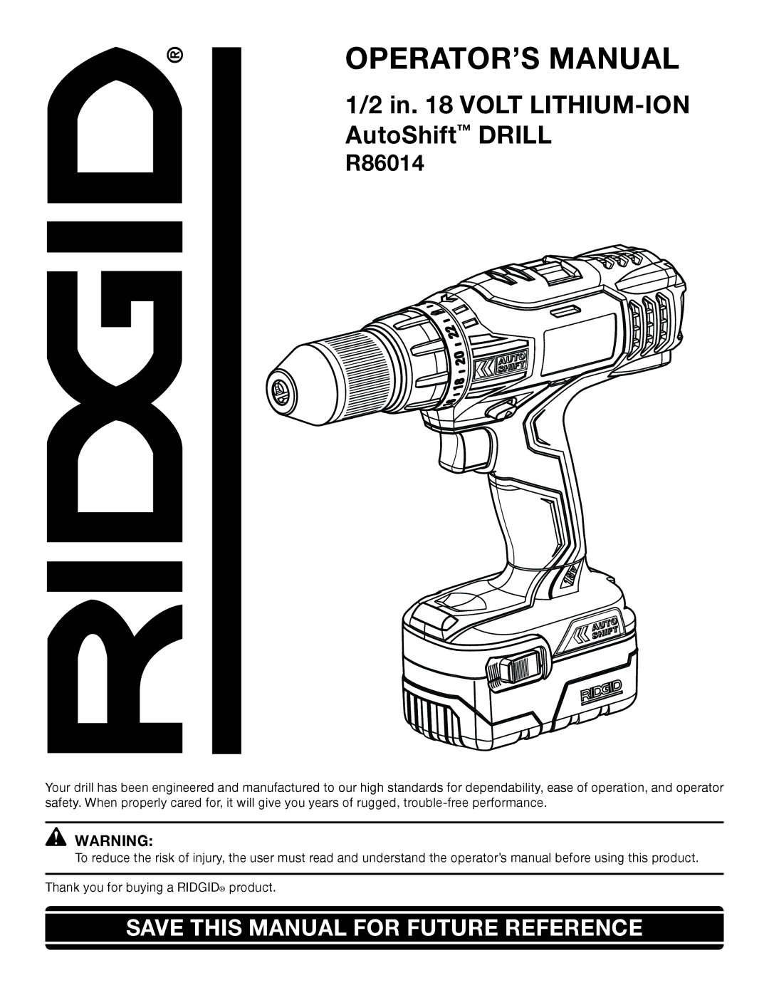 RIDGID R86014 manual OPERATOR’S Manual 