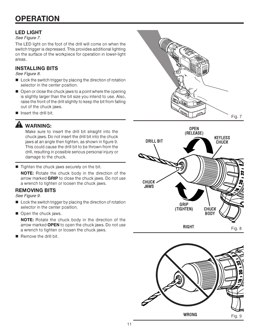 RIDGID R86014 manual Installing Bits, Removing Bits 