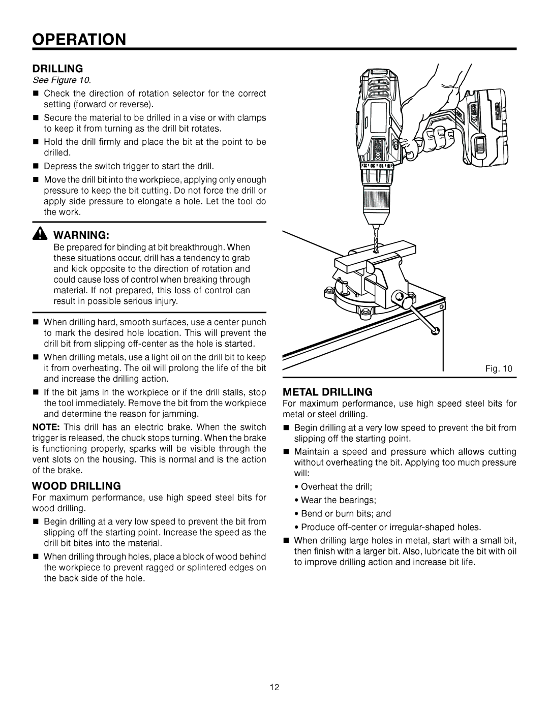 RIDGID R86014 manual Drilling, Wood DRILLING, Metal DRILLING 