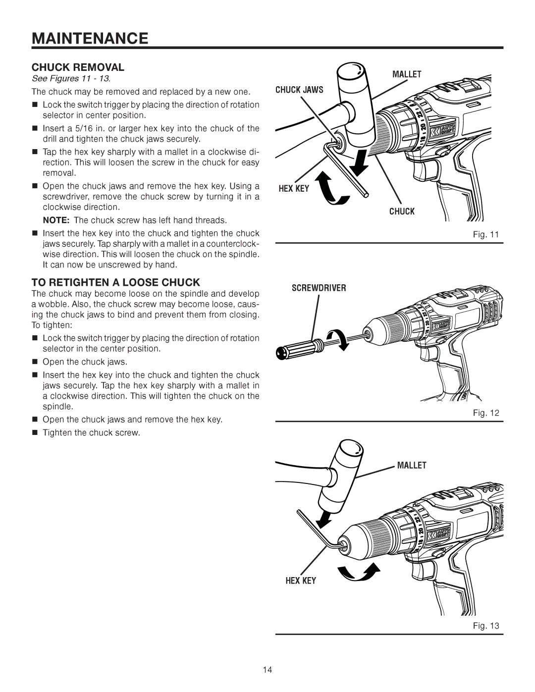 RIDGID R86014 manual Chuck Removal, To Retighten a Loose Chuck 