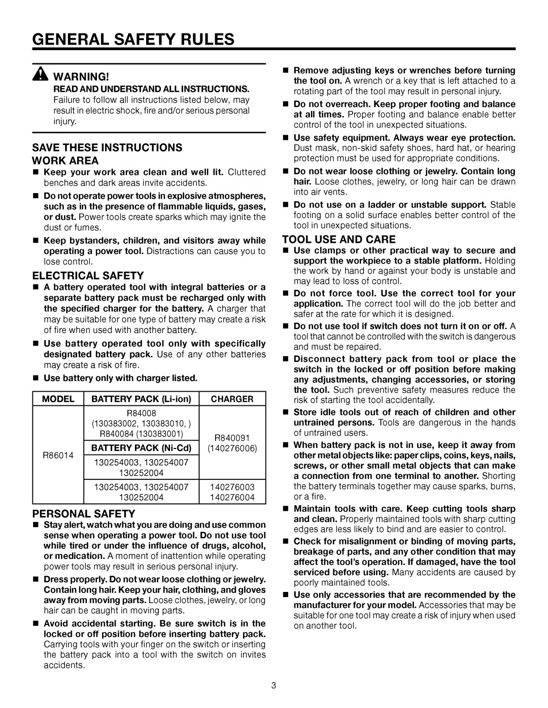 RIDGID R86014 manual General Safety Rules, Work Area, Electrical Safety, Personal Safety, Tool USE and Care 