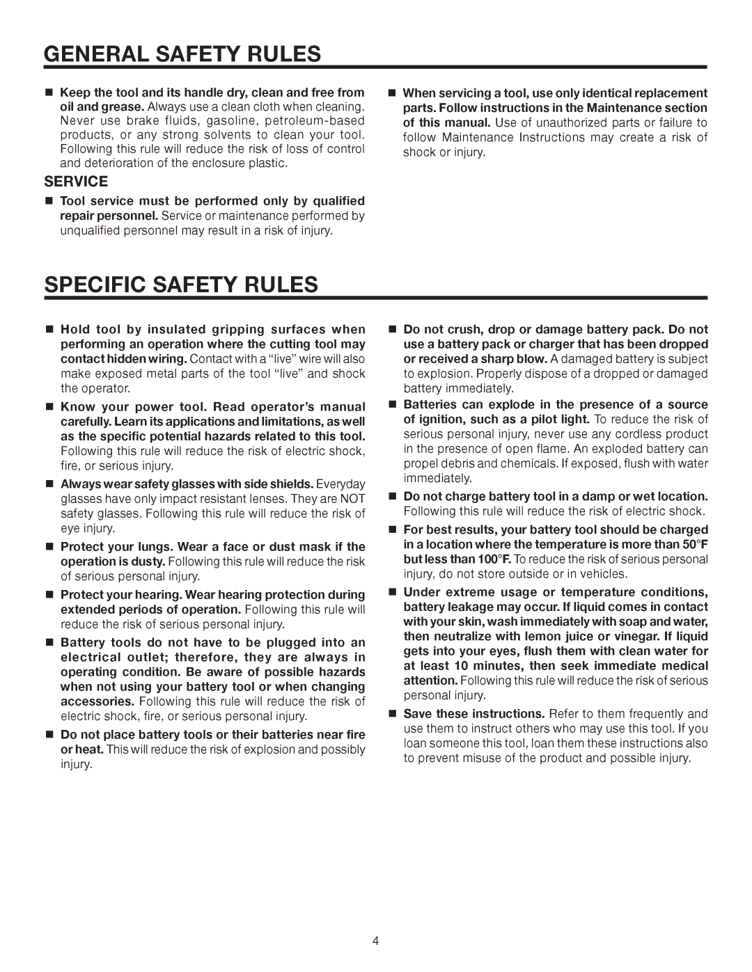 RIDGID R86014 manual Specific Safety Rules, Service 